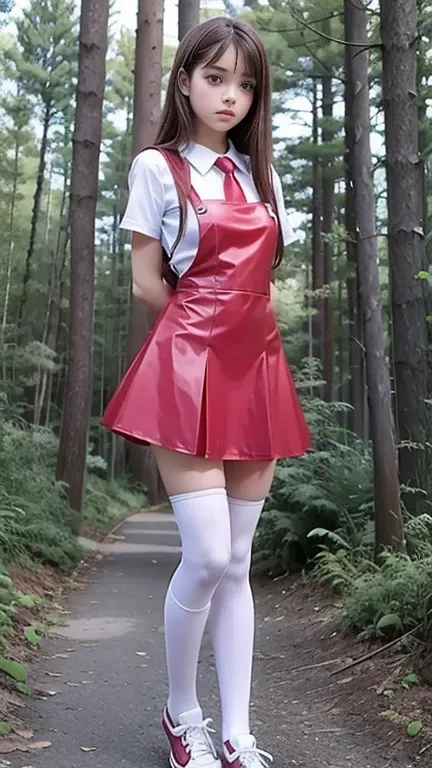 cute teen  beautiful schoolgirl ,  beautiful  teen face, red leather skater pinafore dress ,  transparent white blouse, short sl...