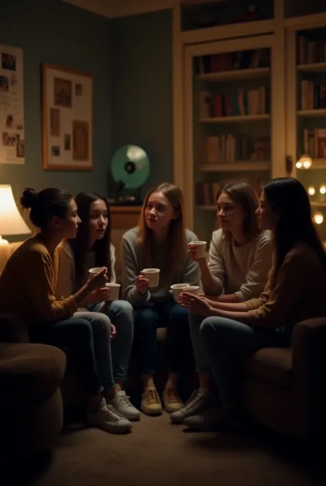 Group of teenagers talking in a night room 