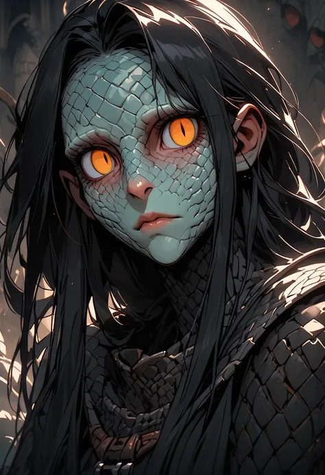 solo, female, combination of reptilian and humanoid features, elongated body, narrow waists, olive scaly skin, snake-like face, almond-shaped eyes, flat noses, thin lips, jet-black hair, loose hair, medieval, close up, unimpressed