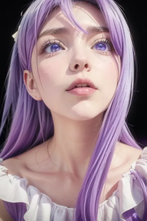 8k, alta definición,3d, masterpiece ,1 girl,silk ,purple hair,  long hair , lilac eyes,lilac eyes,large breasts,  white dress,re...