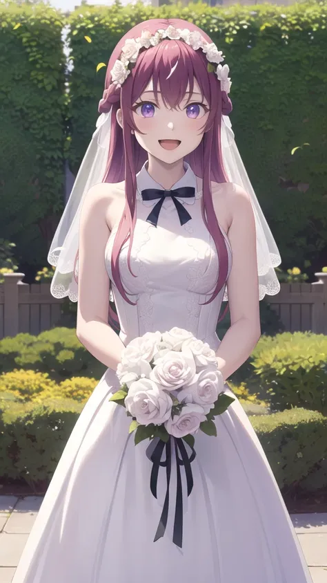 masterpiece, best quality, highres, 1girl, solo, long hair, purple hair, braid, purple eyes, wedding dress, standing, garden, confetti, holding bouquet, smile, open mouth,