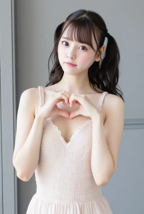 she is in a pose wearing a sexy camisole, making a firm big heart shape with both hands, and holding it in front of her chest, c...