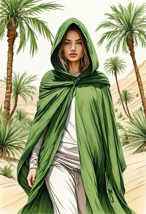 (((ink drawing))), sandy desert, a girl in loose flowing clothes and a cloak with a hood, stands half a turn towards the viewer, looking at him, (((the upper part of her face is visible under the hood: 1.0))), (( (behind her are green palm trees and other ...