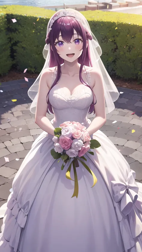 masterpiece, best quality, highres, 1girl, solo, long hair, purple hair, braid, purple eyes, wedding dress, standing, garden, co...