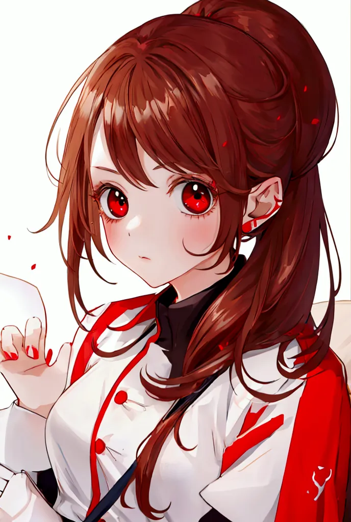 nurse uniform, brown hair, ponytail, red eyes, fair skin, beautiful girl, room