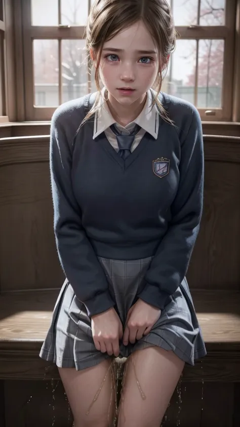 girl in school uniform, peeing her skirt, realistic, photorealistic, detailed face, beautiful eyes, long eyelashes, detailed fac...