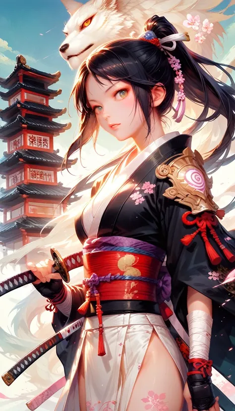 score_9, score_8_up, score_7, a picture of japanese female samurai, she has long black hair, wearing samurai armor, armed with a...