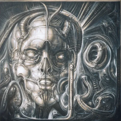 h. r. giger's g1g3r, , giger_style, the image is a detailed view of h.r. giger's \" li ii \" plate, featuring . the artistic man...