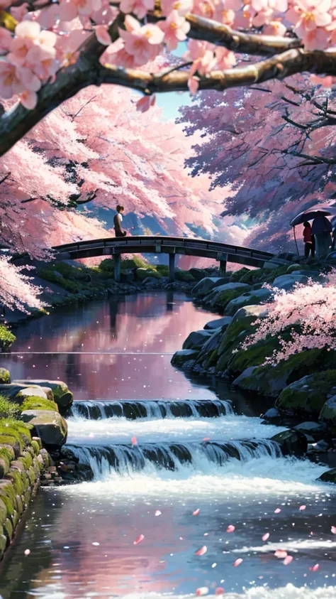 Two high school students, a boy and a girl, are standing on a wooden bridge that spans a tranquil stream. Cherry blossom petals drift gently on the breeze around them, creating a picturesque scene. The boy is holding an open umbrella over their heads, shie...