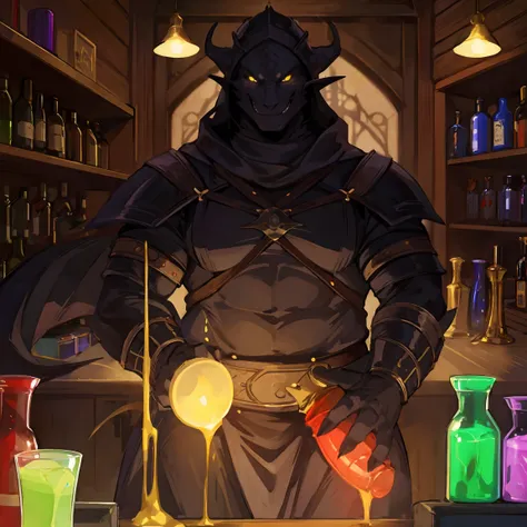 massive male black dragon in tight medieval clothing with a massive cock greets you with a sinister smile while at the counter in a shop full of glowing potions,