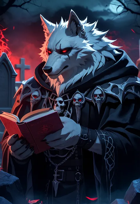 white wolf, red eyes, black eyewhites, hot, detailed fur, grimm reaper clothes, graveyard background, muscular, swole, bulky,  e...