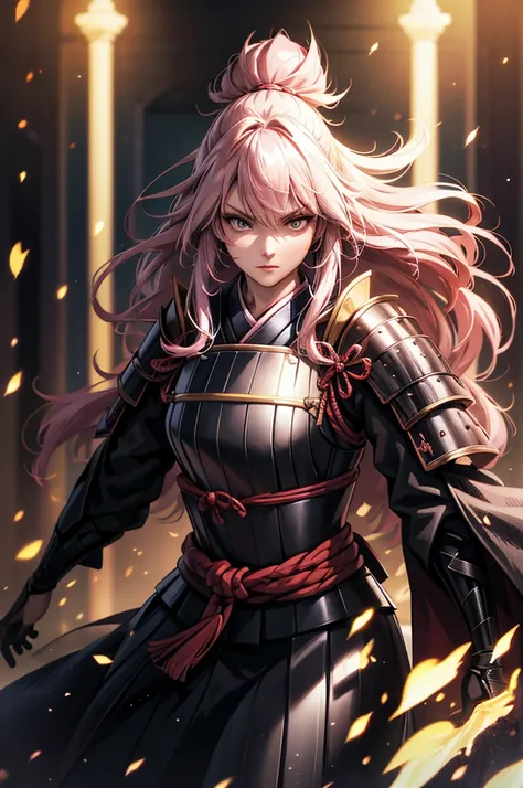 wearing armor one adult female, wearing light armor, wearing  black kimono, long hair, pink hair, grey eyes, intense sirious, ti...