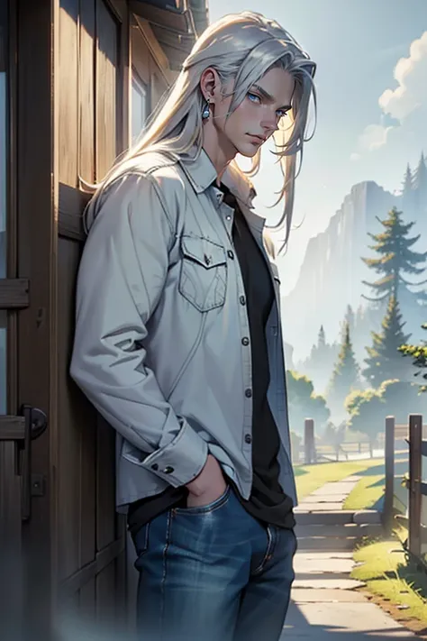 ((masterpiece)), (((best quality))), solo, 1 male, pale white skin, (long platinum blonde hair), (((straight hair))), side part, very handsome young man, beautiful face, tall, fit, blue eyes, realistic clothing, ((flannel shirt)), tight jeans, ((delicate s...