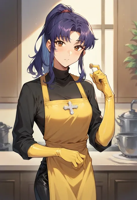 1girl, Misato Katsuragi, ponytail, ((yellow half elbow rubber gloves)), (black shirt), ((long sleeves)), (apron), (black pants), looking at viewer, standing, solo
