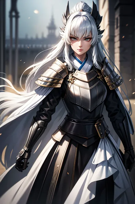 wearing armor one adult female, wearing light armor, wearing  white kimono, long hair, dark blue hair, white eyes, intense sirio...