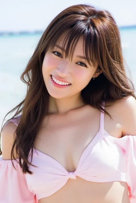 A cute woman with her shoulders exposed while smiling shyly、 is drawn in a realistic photographic style where the adorable gestures and expressions of a 。 her cheeks are slightly red 、 with a slightly shy expression 、Staring straight into the camera, Cute ...