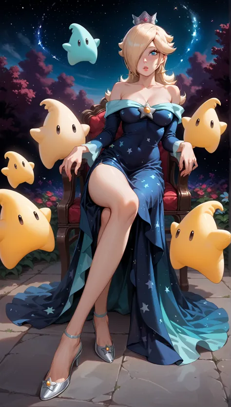 1girl, solo, princess rosalina, super mario bros, princess rosalina, (((in a cosmic scenary))), hot cleavage, starry night dress...