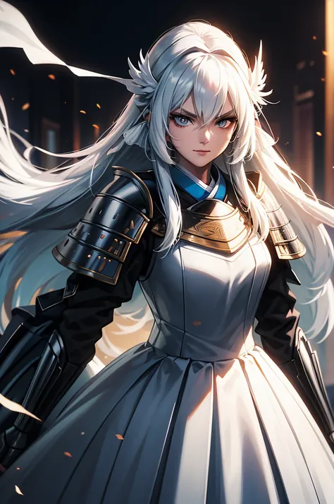 wearing armor one adult female, wearing light armor, wearing  white kimono, long hair, dark blue hair, white eyes, intense sirio...