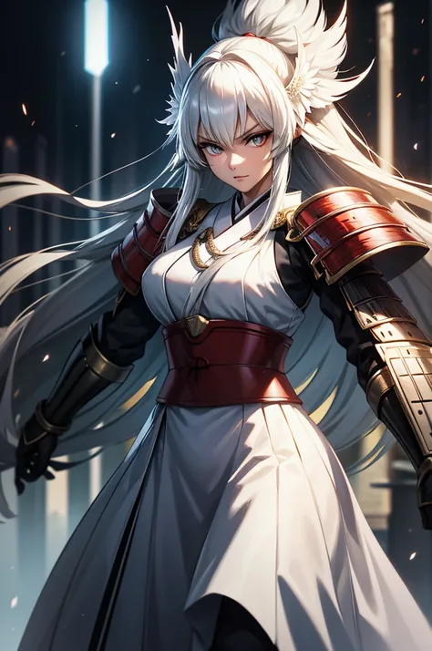 wearing armor one adult female, wearing light armor, wearing  white kimono, long hair, dark blue hair, white eyes, intense sirio...