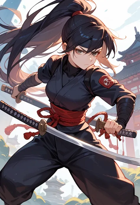 score_9, score_8_up, score_7_up, beauty ninja girl, high ponytail, black ninja outfit, katana sword, shuriken, kunai, serious fa...