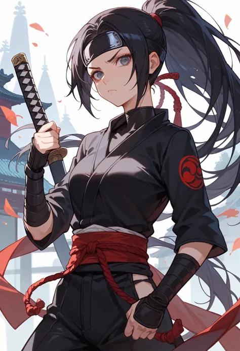 score_9, score_8_up, score_7_up, beauty ninja girl, high ponytail, black ninja outfit, katana sword, shuriken, kunai, serious fa...