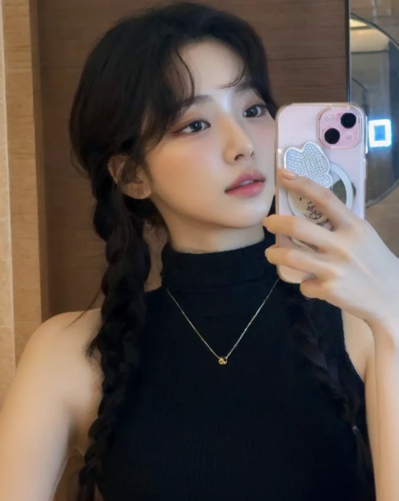 close up of a woman taking a selfie in the mirror, ulzzang,  beautiful young korean woman ,  korean girls, shin jin-young, black...