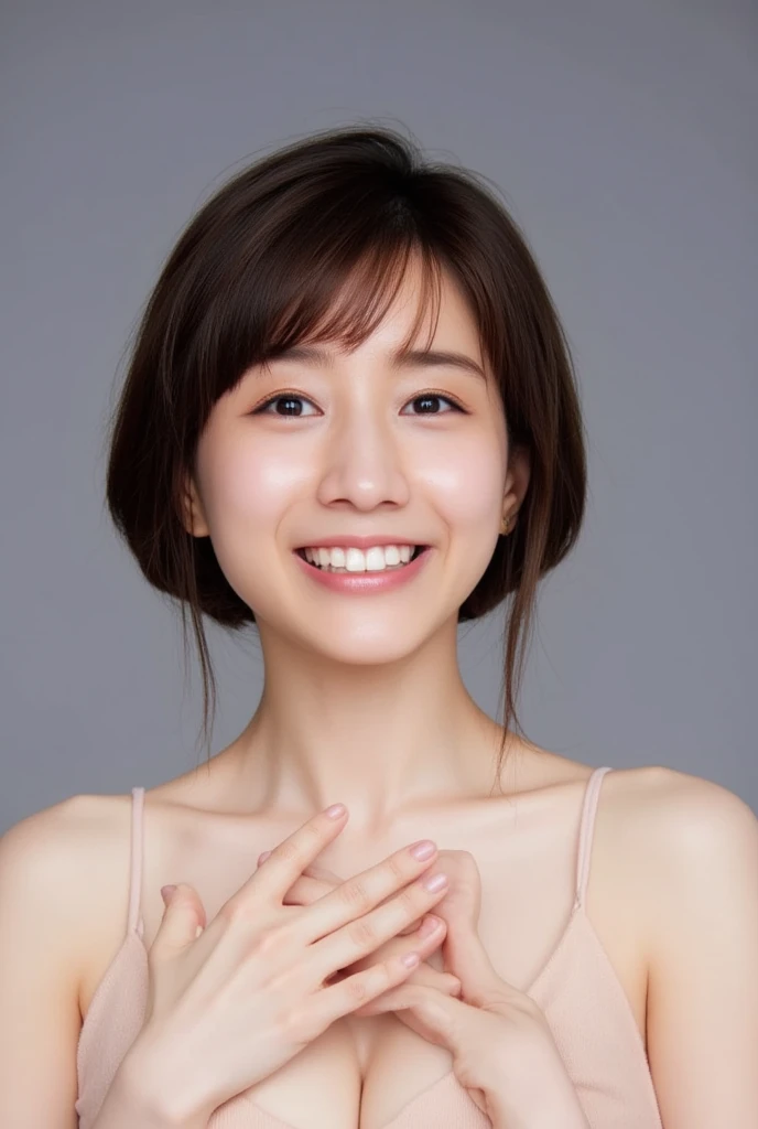 She is in a pose wearing a camisole, making a firm big heart shape with both hands, and holding it in front of her chest, Cute smile up、Monotone background

