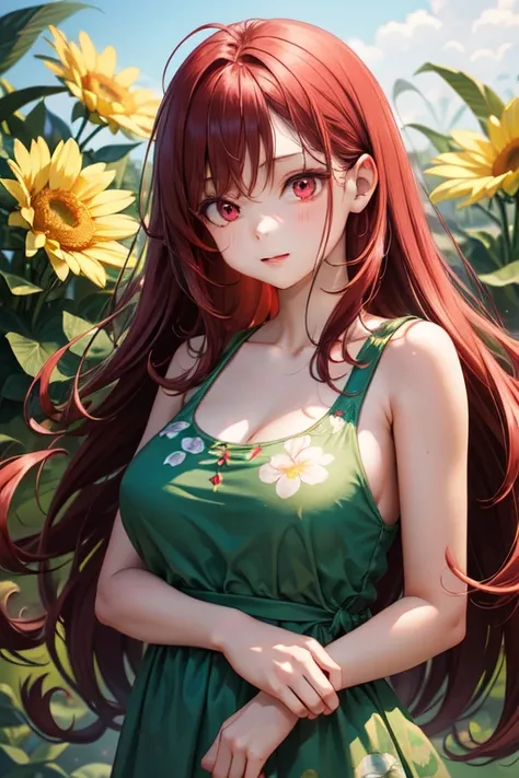 Little eight-year-old girl  , long dark red hair , large expressive and bright light red eyes ,  and delicate ,  green dress with flower print  , barefoot , upper body ,  facing the spectator