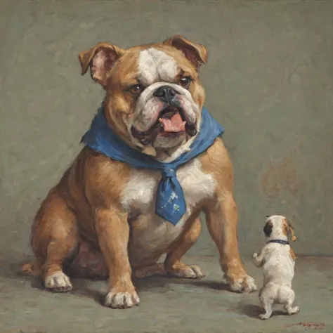 a  painting of (only dog) adult bulldog, full body shot, hurt, cartoon, caricature,  prefect hair,  marsattacks style