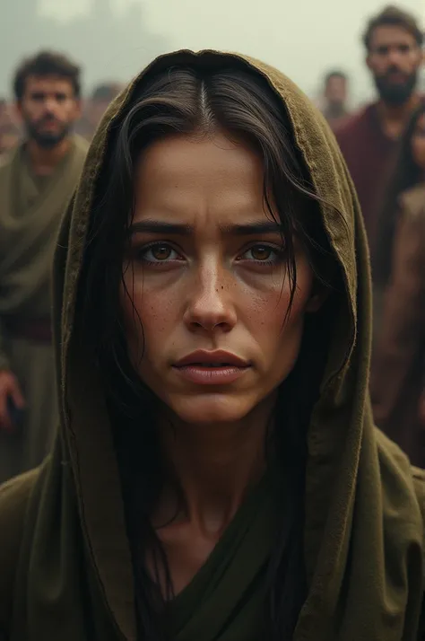 Realistic image biblical story 
Close up of woman ,  with an expression of pain and hope with people in the background