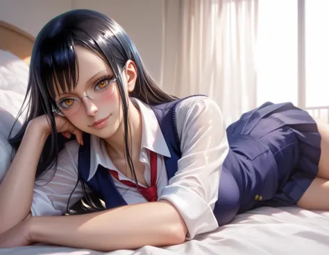 anime girl with glasses and a tie laying on a bed, seductive anime girl, anime moe artstyle, ecchi anime style, hinata hyuga, ru...