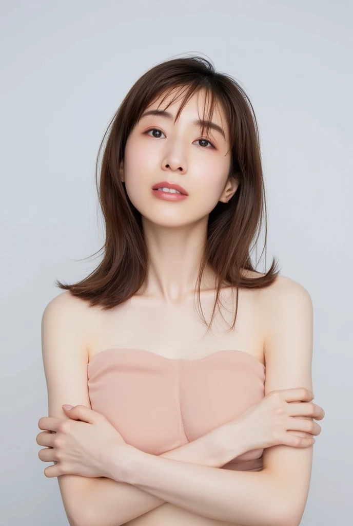 She is in a pose wearing a camisole, making a firm big heart shape with both hands, and holding it in front of her chest, View above collarbone、Cute smile up、Monotone background

