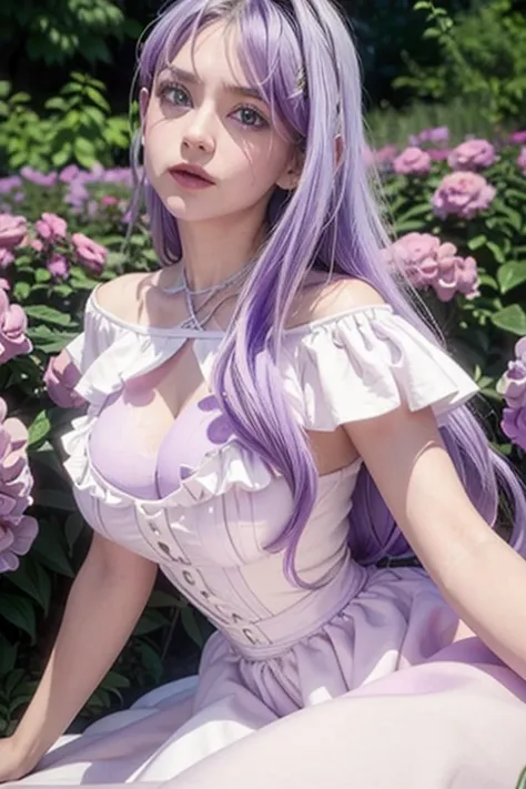 8k, alta definición,3d, masterpiece ,1 girl,silk ,purple hair,  long hair , lilac eyes,lilac eyes,large breasts,  white dress,mu...