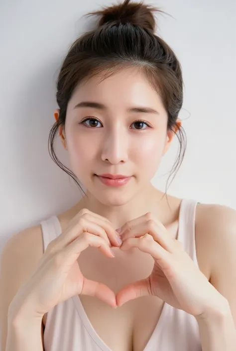 She is in a pose wearing a camisole, making a firm big heart shape with both hands, and holding it in front of her chest, View above collarbone、Cute smile up、Monotone background

