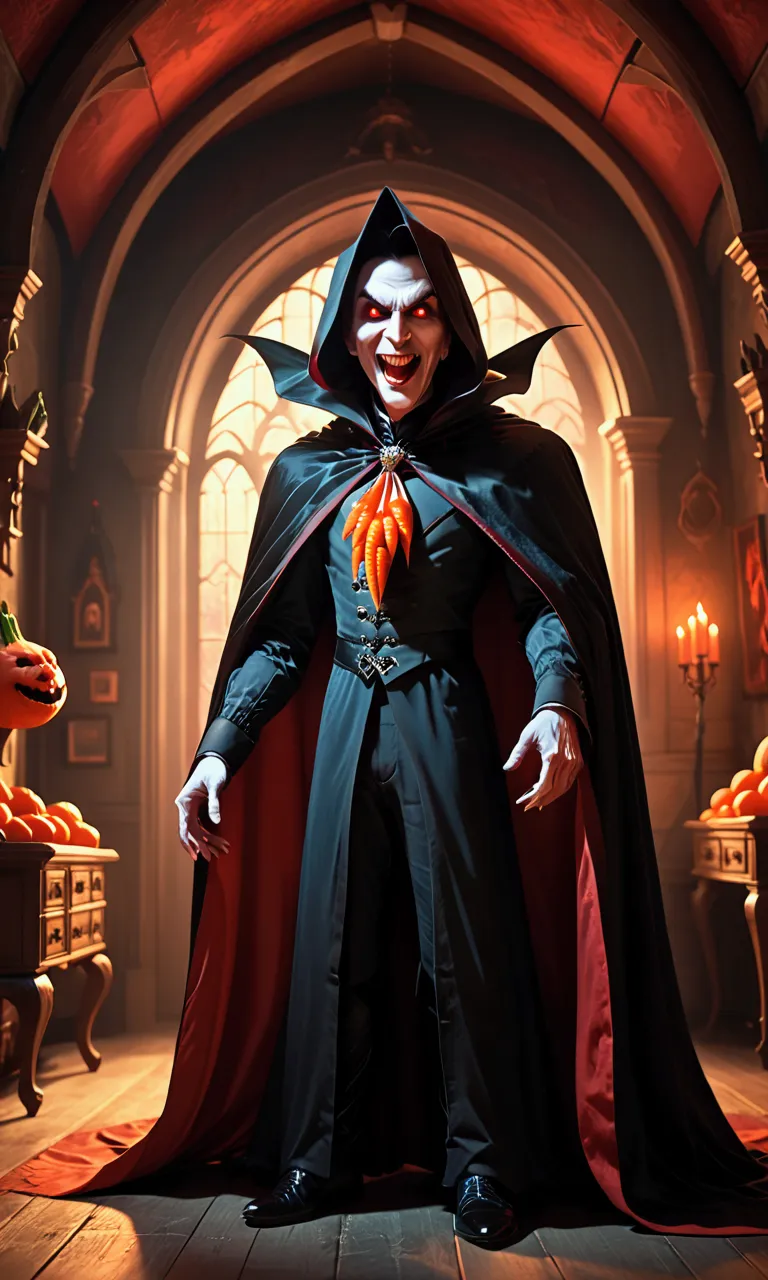 (pixar, cartoonish) dracula carrot (carrot main body, huge fanged mouth, evil red glowing eyes, traditional dracula, cloak) unfu...