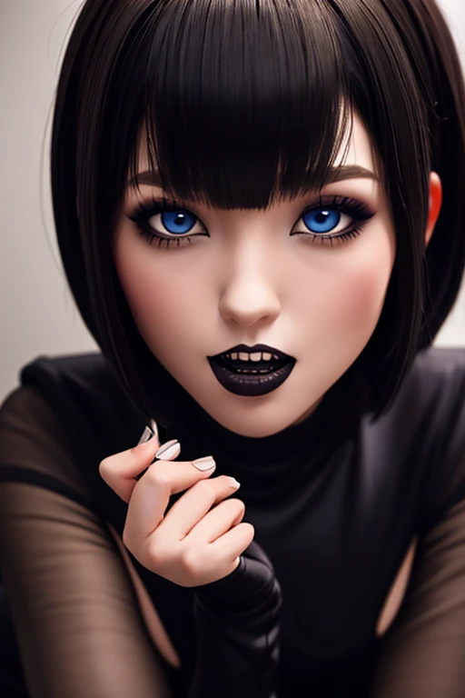  close-up of Mavis , Alone , exotic gestures , Open Mouth,  show sharp teeth  , blue eyes , black,  full lips ,Full-HD ( full high resolution )  ,  Gothic makeup for short bob haircut , Not suitable for work , legs spread wide 