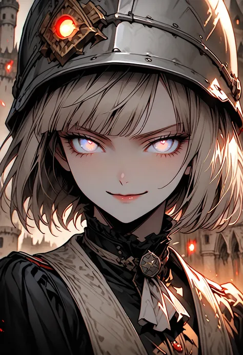 solo, woman, close up, victorian era, short hair, straight hair, hime cut, male military uniform, hero, simple helmet, medals, slightly smug smile, light-brown silver hair, high-contrast eyes, faintly glowing eyes, silver eyes, broad shoulders, tomboy, cas...