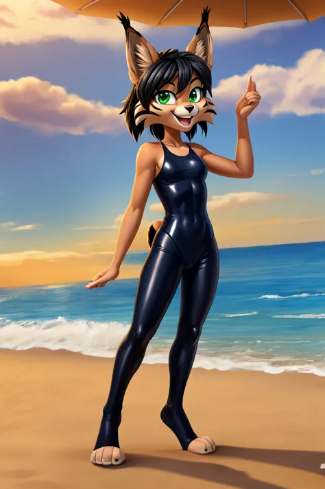 lynx is a slim skinny cartoon girl in a tight lycra swimsuit on the beach with a happy face,  green eyes ,  black hair , black t...