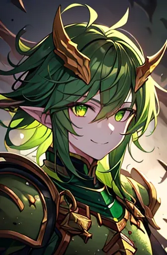 1male, high detail, masterpiece, green skin, dark green hair, nurgle, claws, bones, green glowing eyes, green fog, green and gold open armor, smile, horns, lean, perfect face, 