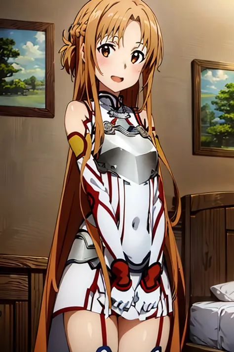 ((best quality)), ((masterpiece)), (be familiar with),  perfect face, indoor, bedroom,  watching viewers,
one woman, yuuki asuna...