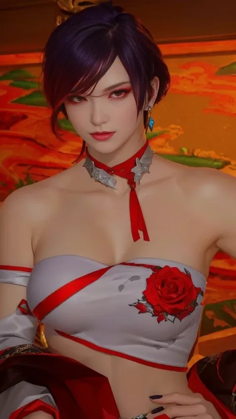 there is a woman with tank top and a red rose ornament on her chest, full body!! maximalist details, wearing a sexy cropped top,...