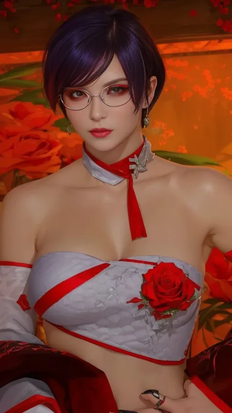 there is a woman with tank top and a red rose ornament on her chest, white glasses, full body!! maximalist details, wearing a se...