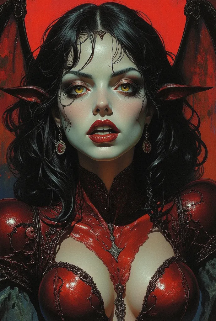 dark, creepy horror. (halloween succubus-demon of lust and debauchery) evil but beautiful face, glossy dark cherry yellow hellis...