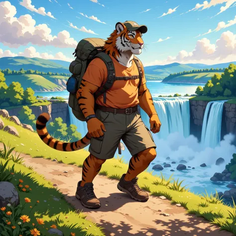 character focus, full body, looking away, from above, dynamic angle, american country, backpacker, middle-aged tiger man, break ...