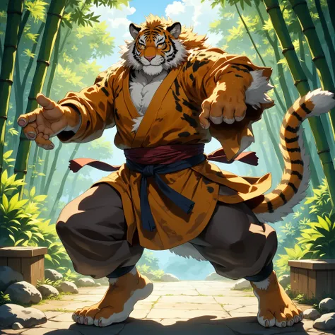 character focus, full body, looking away, dynamic angle, monk, a middle-aged tiger man, costume clothes, robe, shirt, pants, sta...