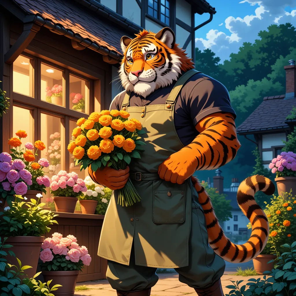 character focus, full body, looking away, dynamic angle, florist, a muscular middle-aged tiger man, happy, light smile, marigold...