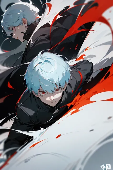 " Create a logo featuring a male anime-style character inspired by Kaneki Ken from Tokyo Ghoul,  with a dark and enigmatic appearance .  The character must have white or gray hair , eyes of the color black and expression would be , conveying an air of myst...