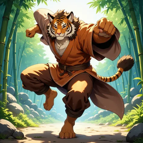 character focus, full body, looking away, dynamic angle, monk, a middle-aged tiger man, costume clothes, robe, shirt, pants, sta...