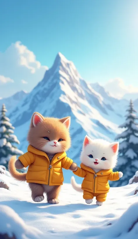 "A cute brown kitten and an adorable white kitten are walking together on a snowy mountain. The kitten has fluffy brown fur, while the white kitten is small and cute with fluffy ears. Both are wearing yellow jackets and pants. They are interacting happily ...