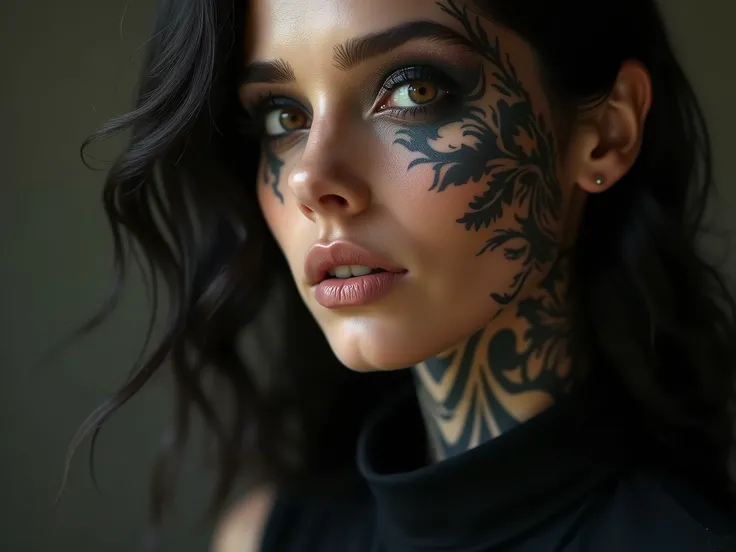 photorealism,  close-up of a beautiful womans face,  tattoo all over the face, orbites des yeux noir, habit noir, black hair, sans piercing, big neckline, texture de peau naturel,  contrasting background , objectif 35mm, photorealism,  masterpiece, 8k